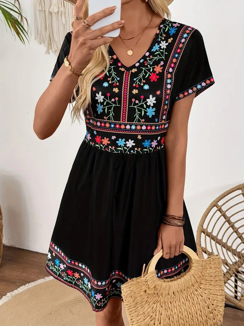 Bohemian Floral Print V-Neck Dress