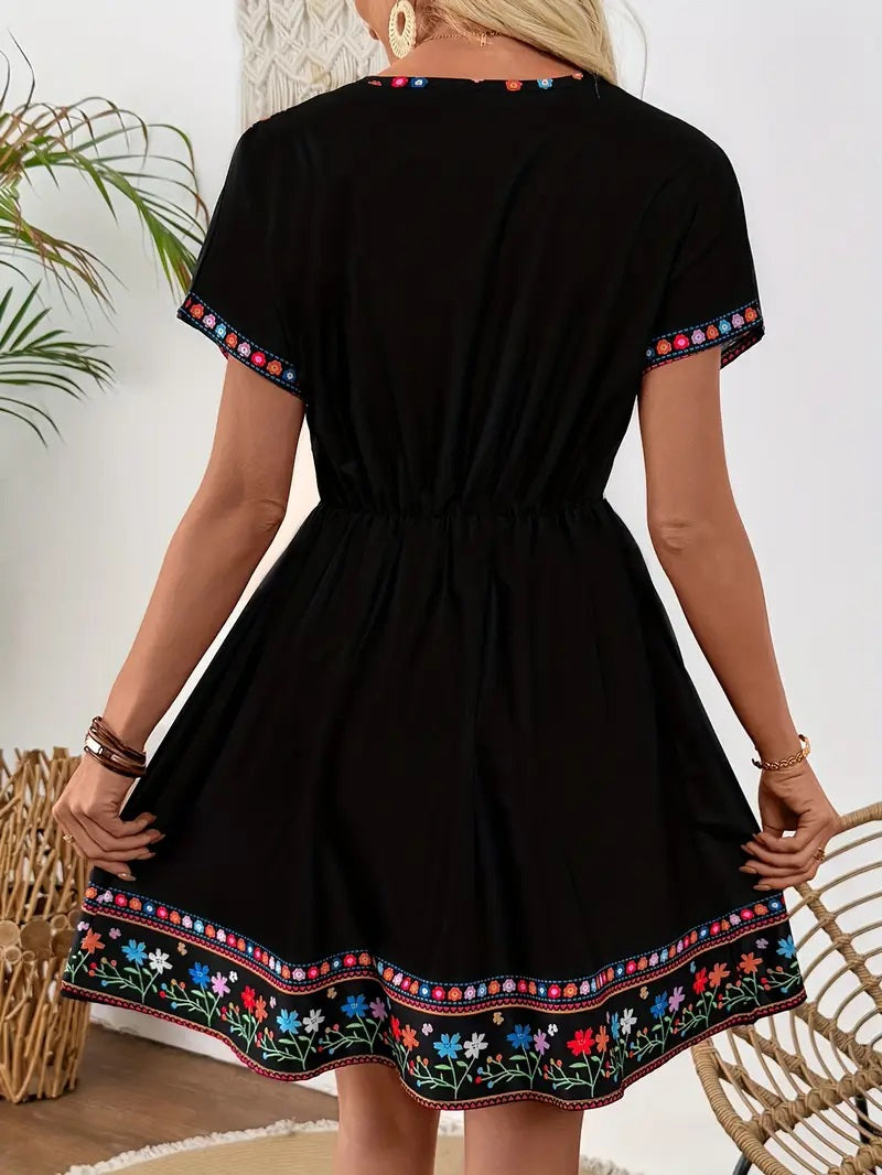 Bohemian Floral Print V-Neck Dress