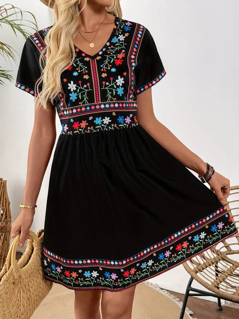 Bohemian Floral Print V-Neck Dress