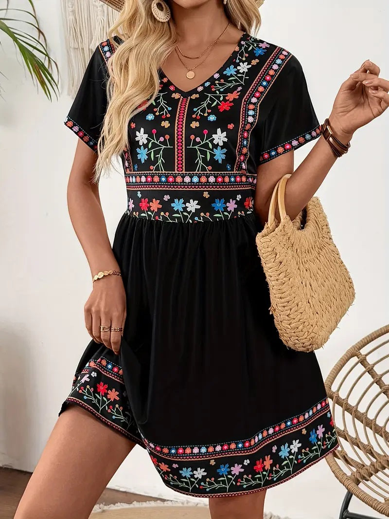 Bohemian Floral Print V-Neck Dress
