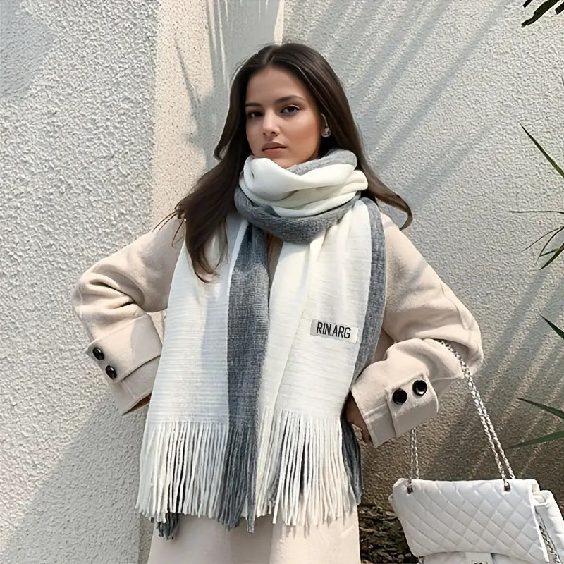 Tykt og Varmt Sjikt Tofarget Kvinneskjerf Hvitt og Grått