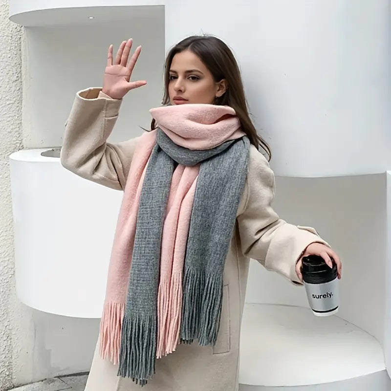 Tykt og Varmt Sjikt Tofarget Kvinneskjerf Rosa og Grått