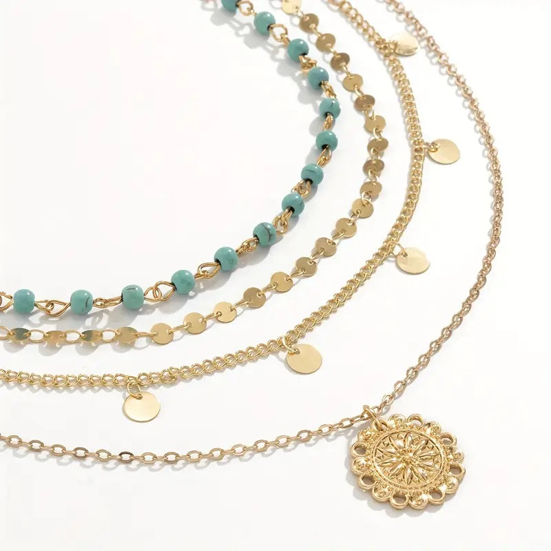 14k Gold Plated 3-Piece Bohemian Vintage Turquoise and Golden Sequin Layered Necklace Set
