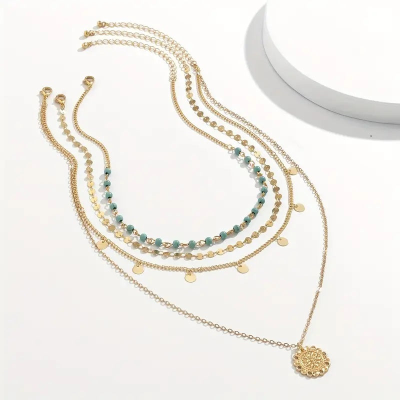 14k Gold Plated 3-Piece Bohemian Vintage Turquoise and Golden Sequin Layered Necklace Set