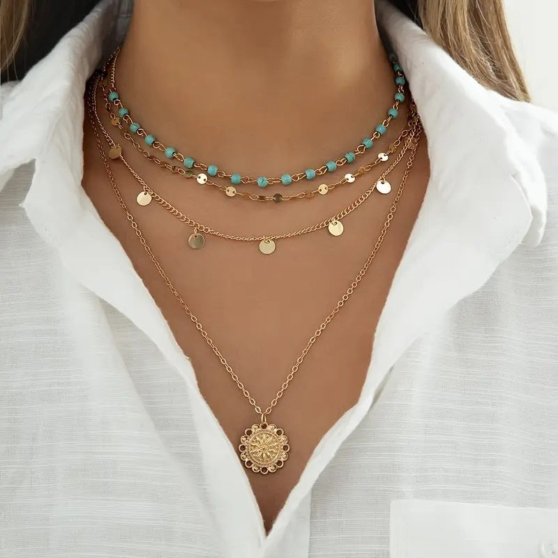 14k Gold Plated 3-Piece Bohemian Vintage Turquoise and Golden Sequin Layered Necklace Set