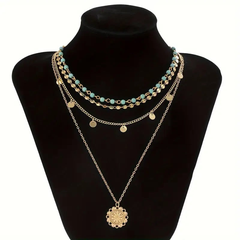 14k Gold Plated 3-Piece Bohemian Vintage Turquoise and Golden Sequin Layered Necklace Set