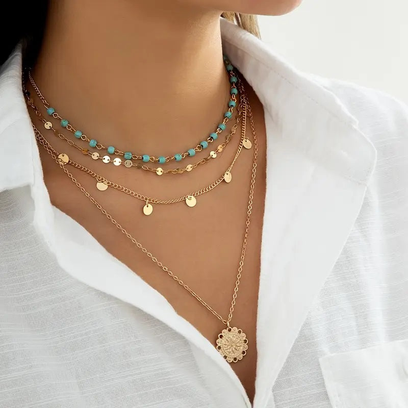 14k Gold Plated 3-Piece Bohemian Vintage Turquoise and Golden Sequin Layered Necklace Set