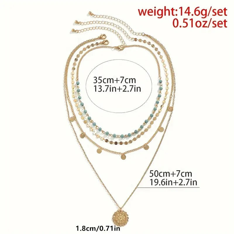14k Gold Plated 3-Piece Bohemian Vintage Turquoise and Golden Sequin Layered Necklace Set