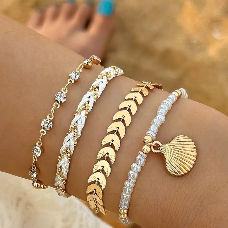 4-Del Fashion Strand Puka Skjell Armbåndsett