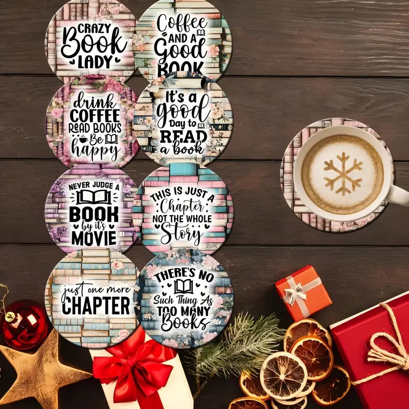 8 stk. Sett Tre Kaffekopper, Kaffe & Bok Tema Underlag