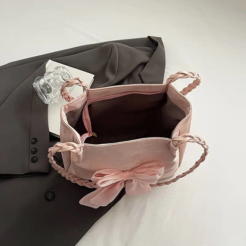 Beige Veske med Rosa Sløyfe - Romslig og Moteriktig Veske