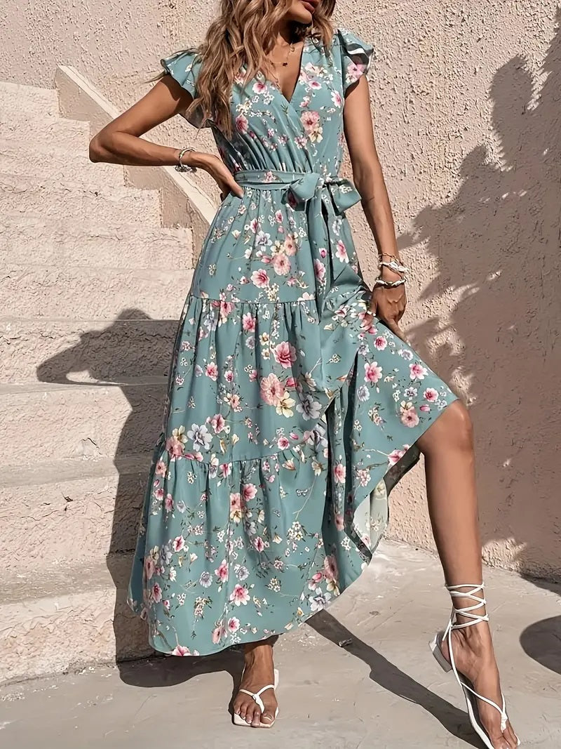Maxi Floral Print V-Neck Dress,