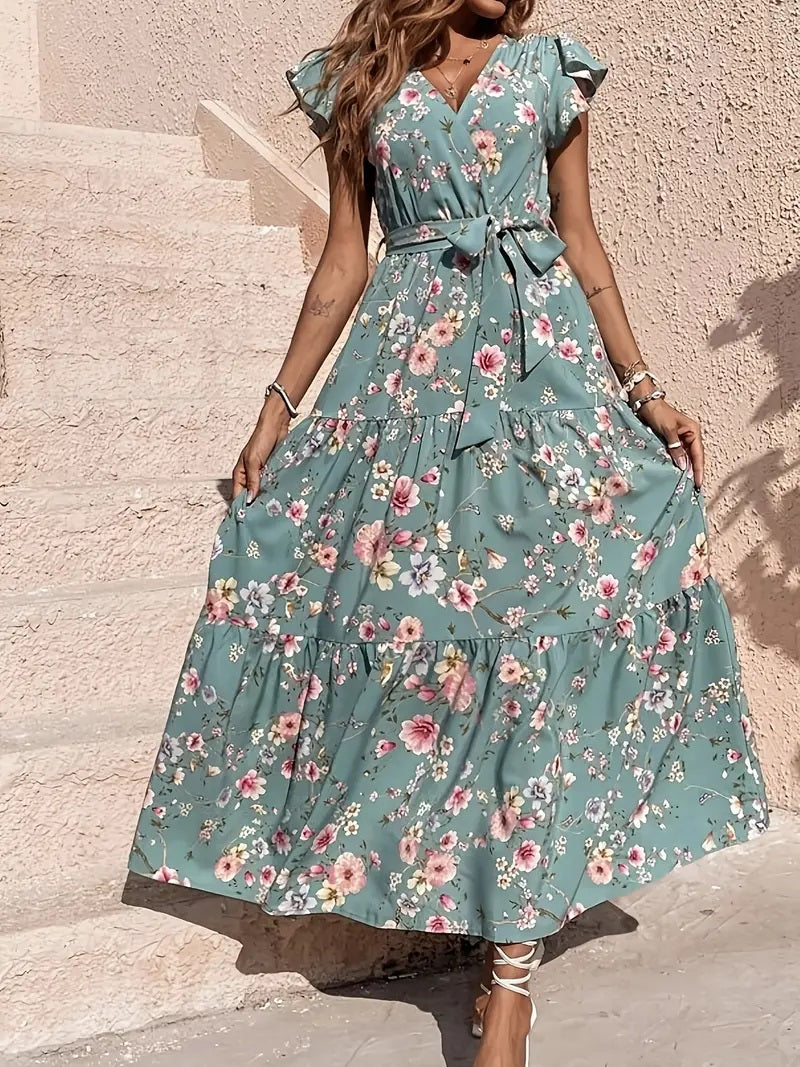 Maxi Floral Print V-Neck Dress,