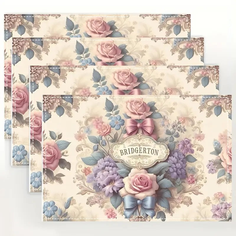 4-stykk Bridgerton Floral Linen Bordsmattesett