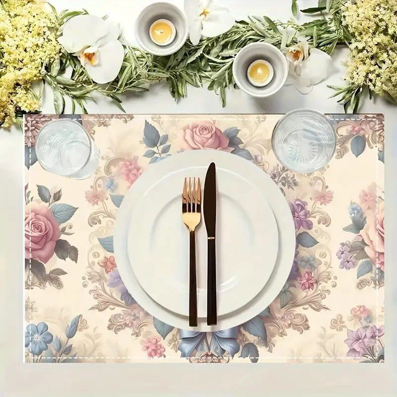 4-stykk Bridgerton Floral Linen Bordsmattesett