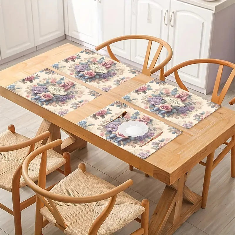 4-stykk Bridgerton Floral Linen Bordsmattesett