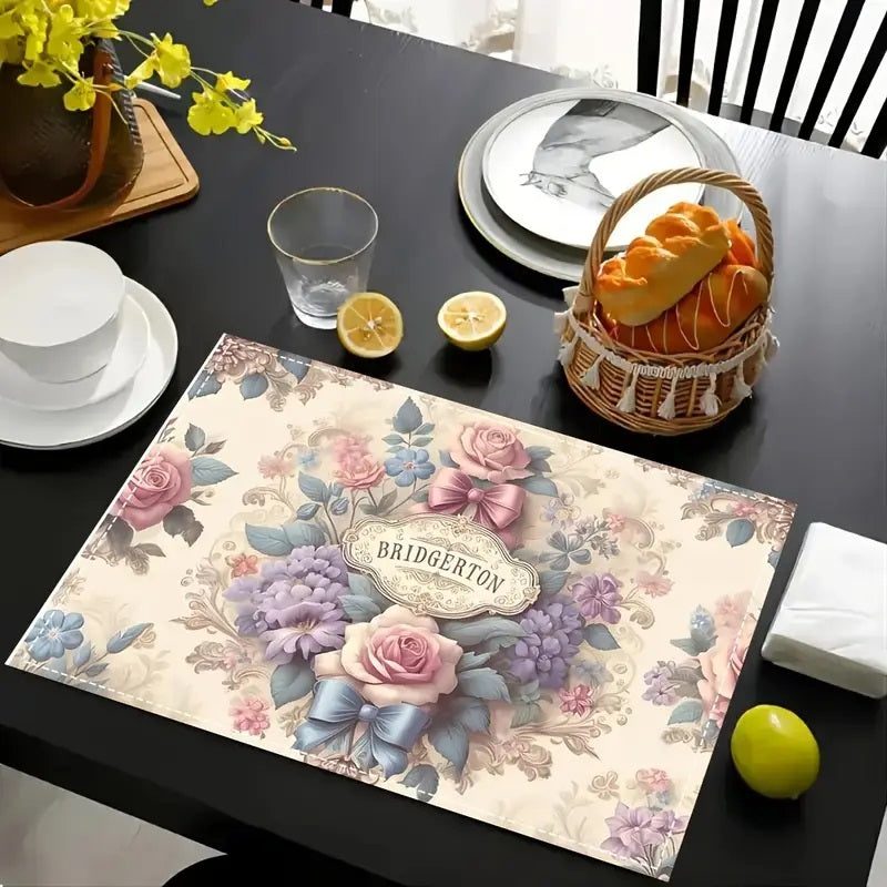 4-stykk Bridgerton Floral Linen Bordsmattesett