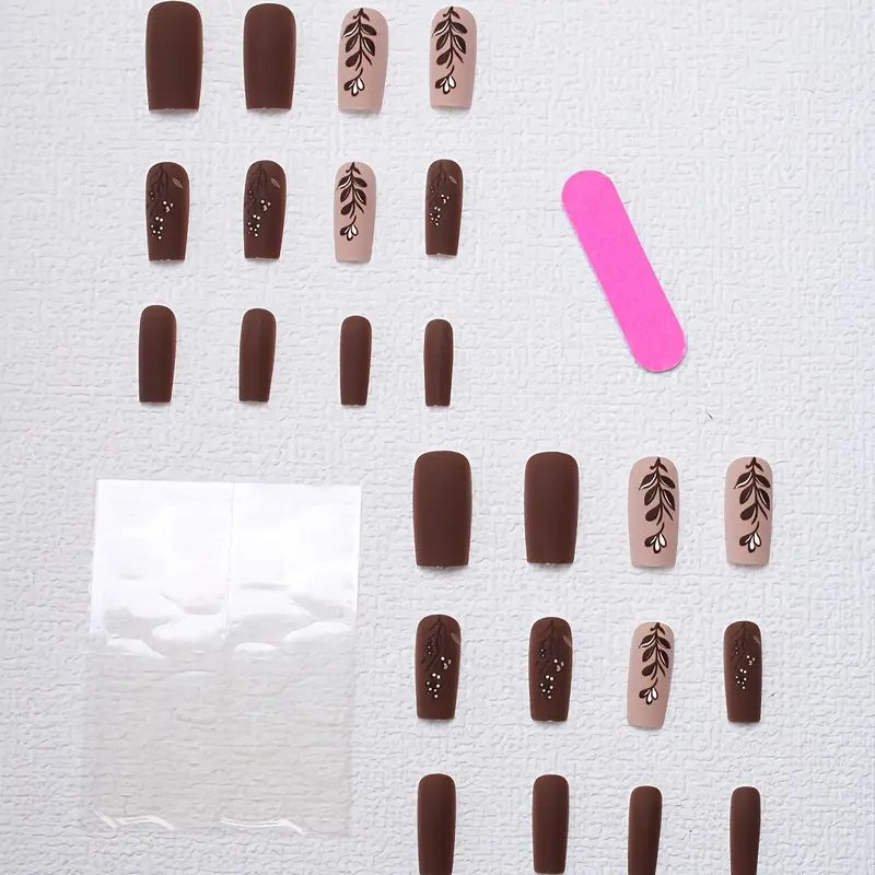 Embossed Brown Press On Nails