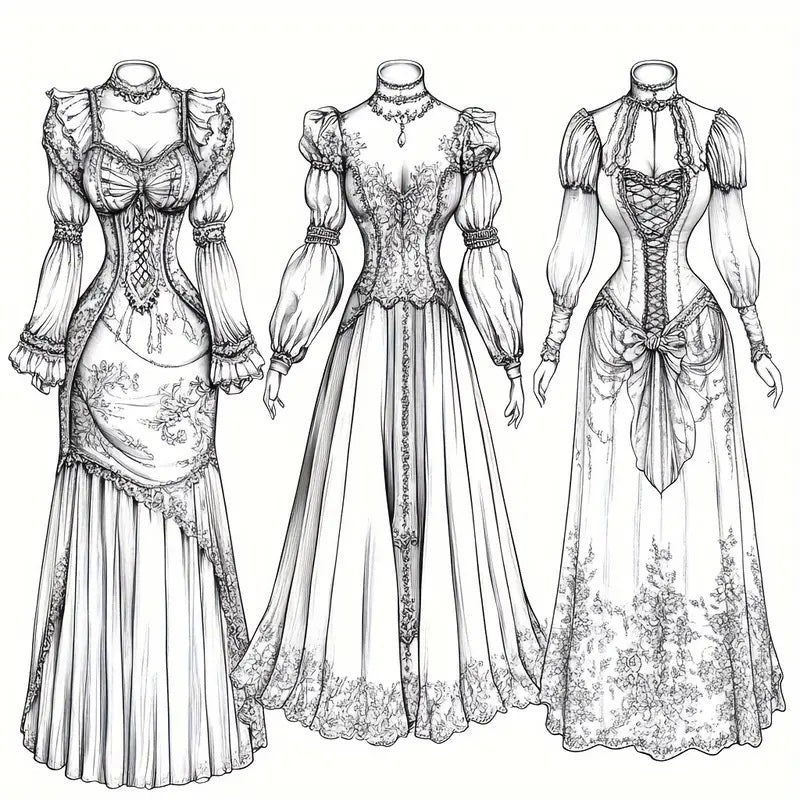 28-Page Adult Coloring Book featuring Dreamy Lady Outfit Designs.