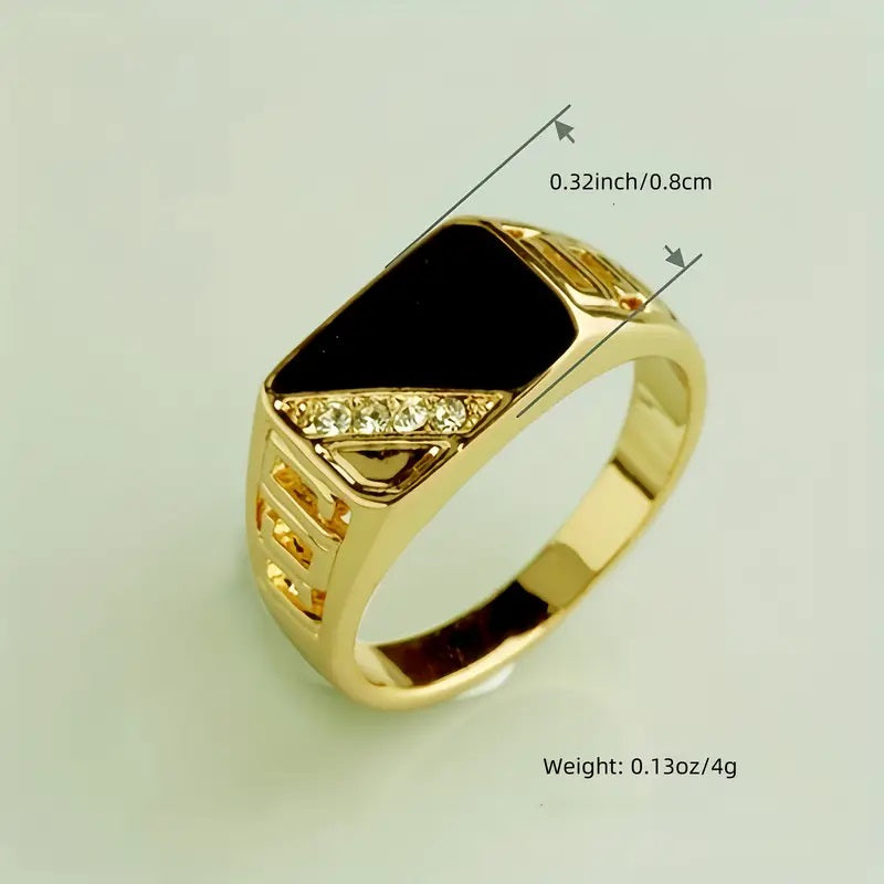 Mens 18K Gold Plated Ring with Black Onyx and Sparkling Accent