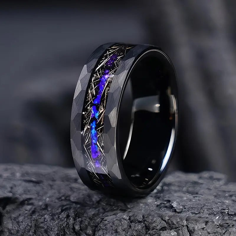 8mm Men's Stainless Steel Ring with Synthetic Blue Galaxy Opal and Hammered Meteorite Design.