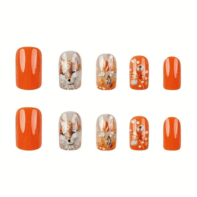 24pcs Glossy Brown Fox Orange Gradient Glitter Fake Nails with Rhinestones.