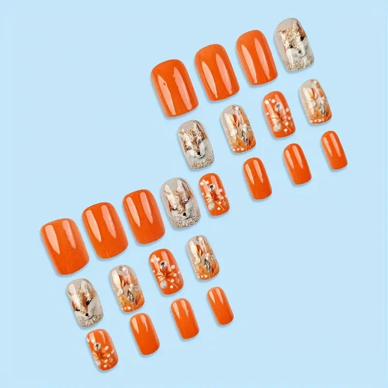 24pcs Glossy Brown Fox Orange Gradient Glitter Fake Nails with Rhinestones.