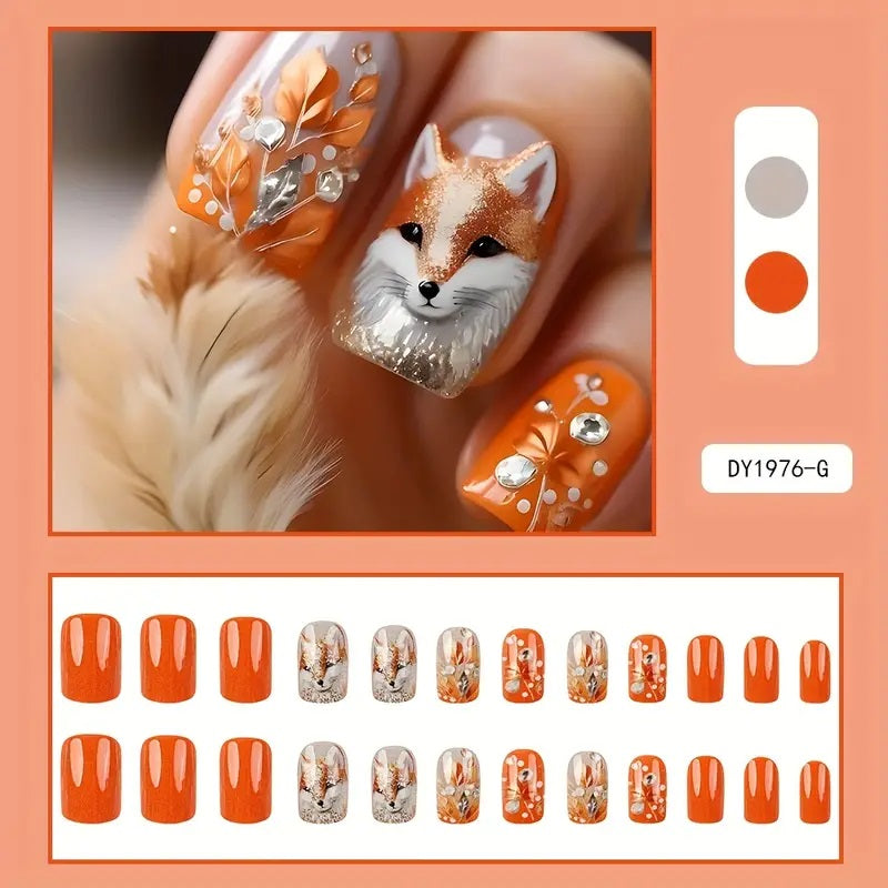 24pcs Glossy Brown Fox Orange Gradient Glitter Fake Nails with Rhinestones.