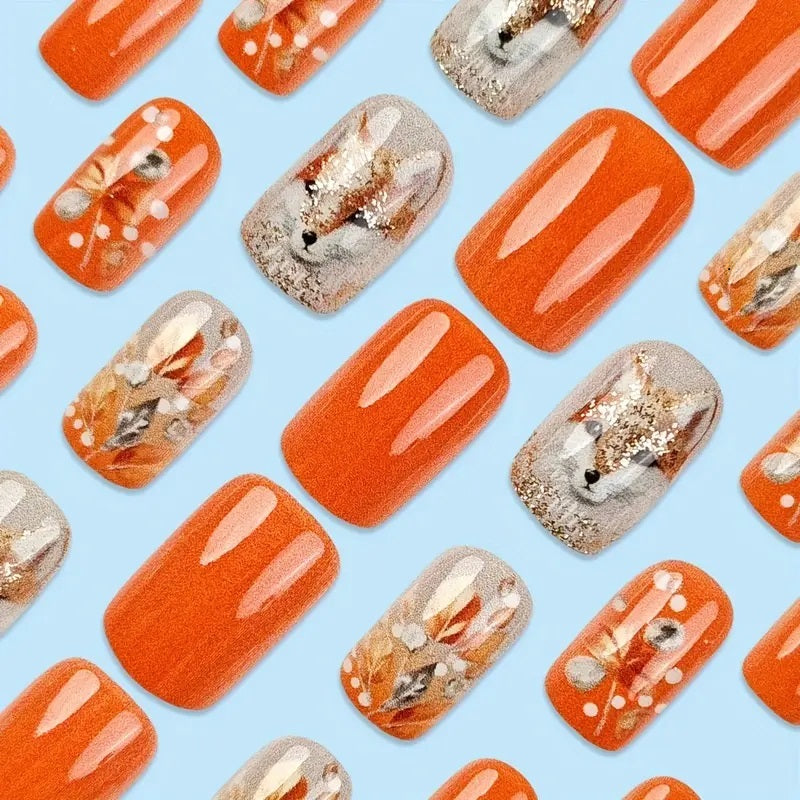 24pcs Glossy Brown Fox Orange Gradient Glitter Fake Nails with Rhinestones.