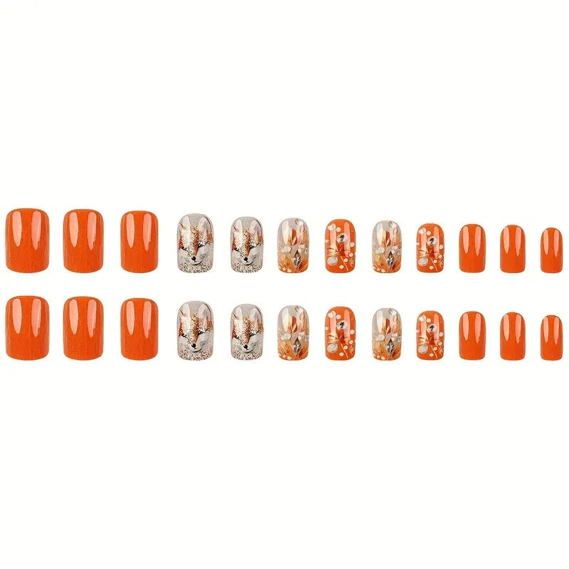 24pcs Glossy Brown Fox Orange Gradient Glitter Fake Nails with Rhinestones.
