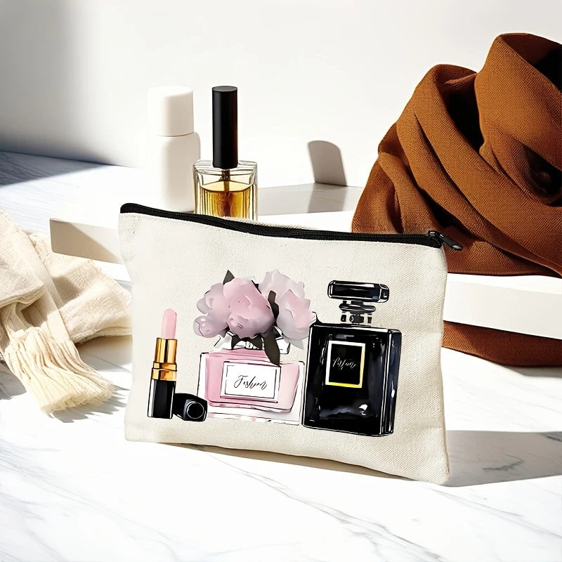 Chic Parfyme og Leppestift-trykk skjønnhetsvesken i canvas.