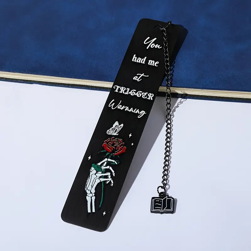 Trigger Warning Skull Theme Stainless Steel Bookmark