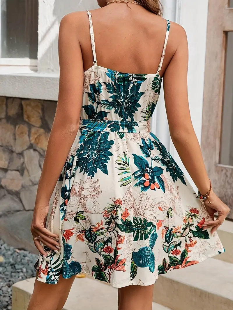 Tropical Floral Print Sleeveless Dress,
