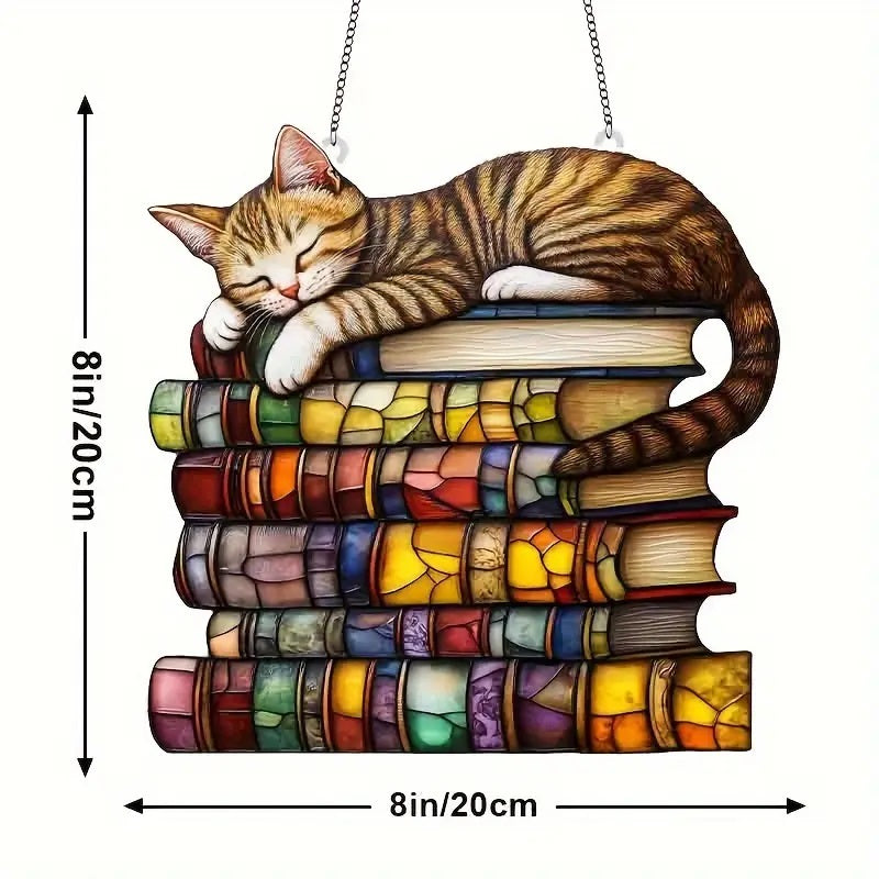 Charming Tabby Cat & Books Sun Catcher
