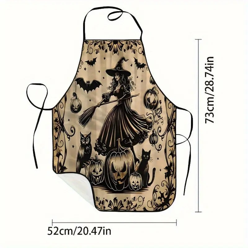 Witch, Broom & Pumpkins Halloween-Themed Polyester Apron