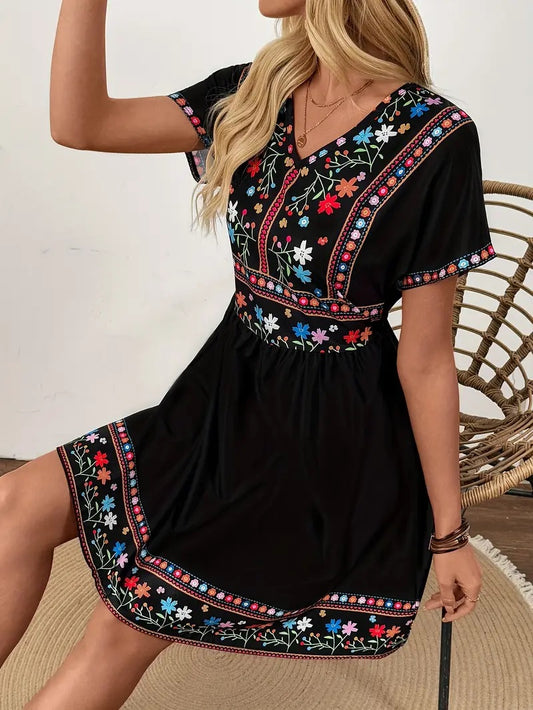 Bohemian Floral Print V-Neck Dress