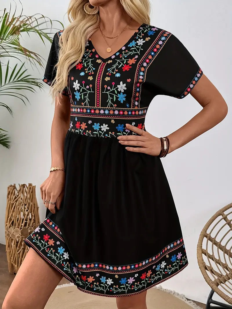 Bohemian Floral Print V-Neck Dress