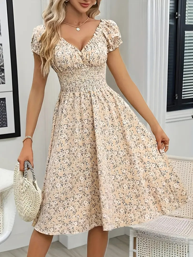 Floral Smocked Waist Midi Dress,