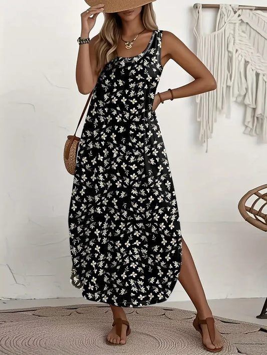 Sleeveless Black Floral Maxi Dress,