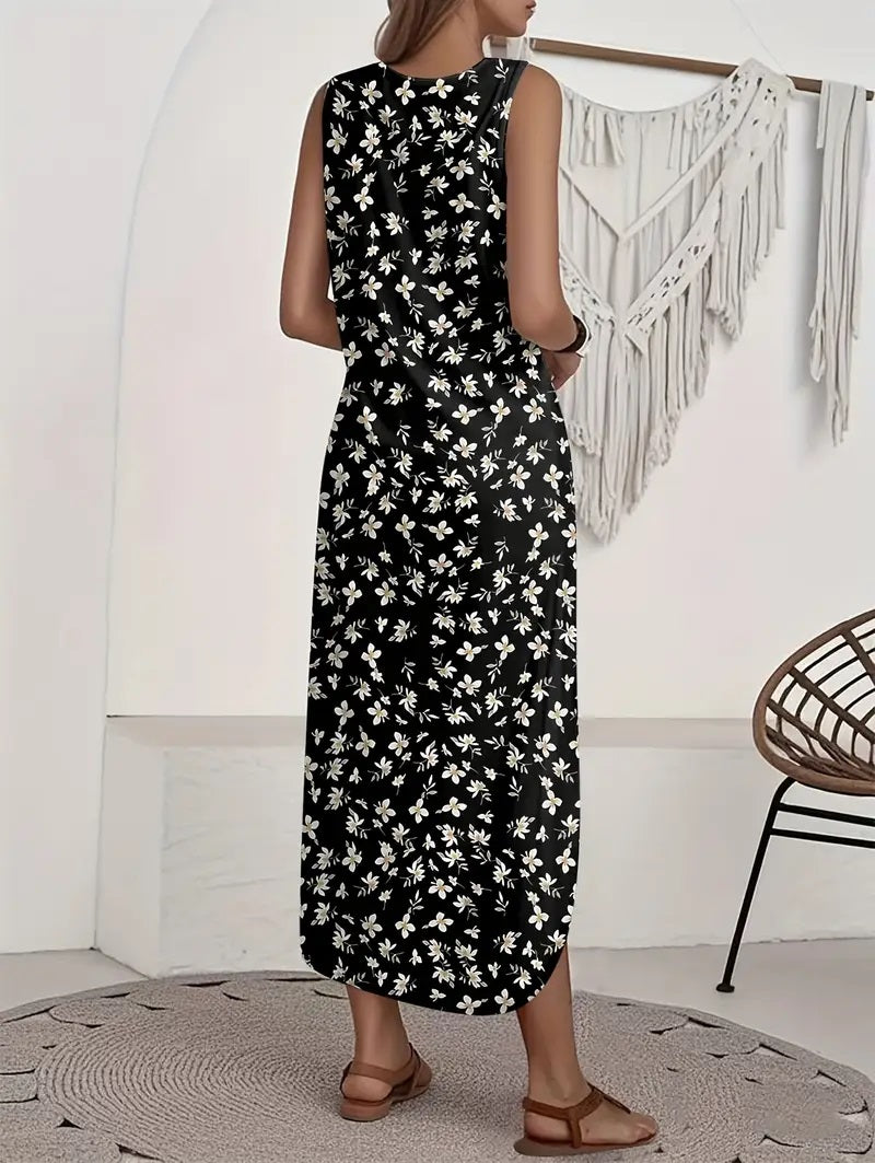 Sleeveless Black Floral Maxi Dress,