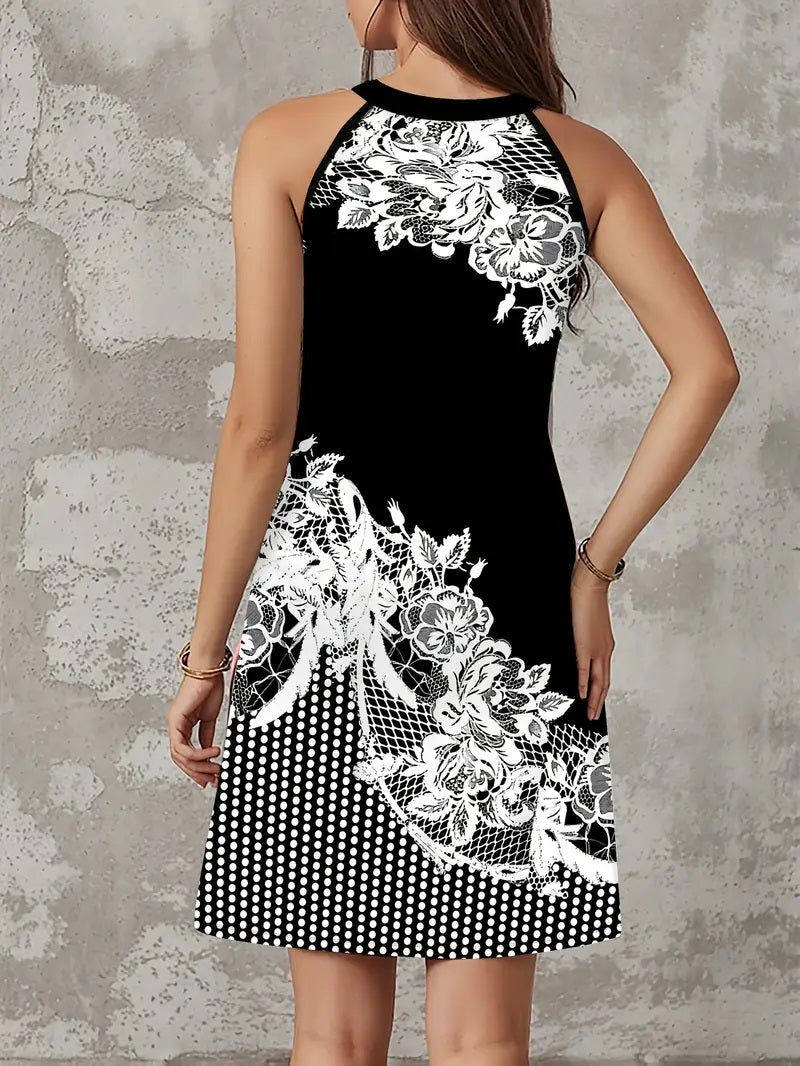 Black and White Floral Halter Dress