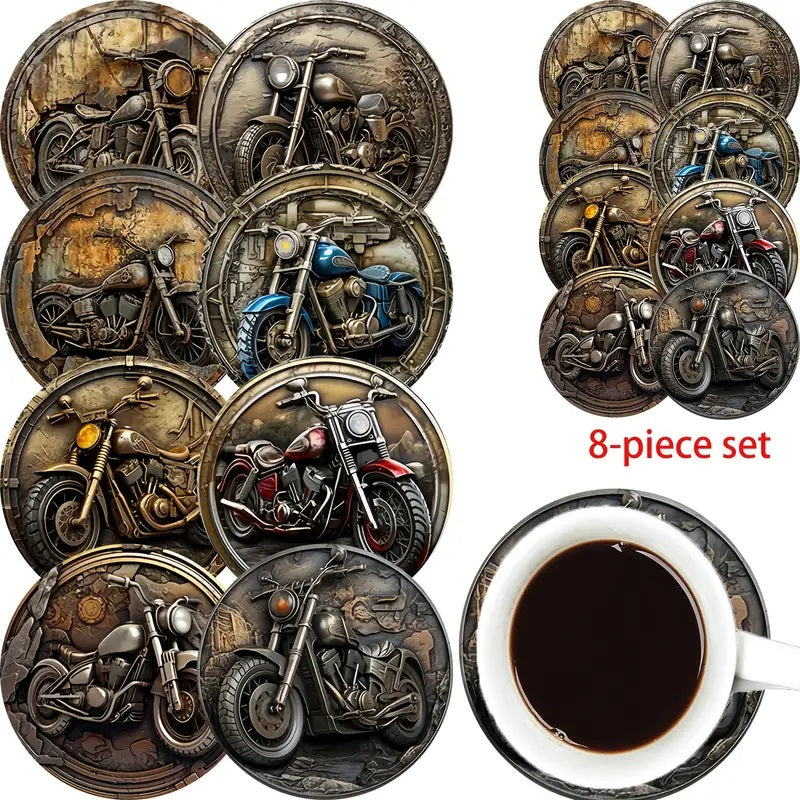 8pcs Set of Retro Motorcycle Wooden Coasters,