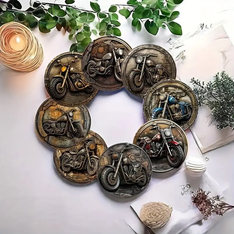 8pcs Set of Retro Motorcycle Wooden Coasters,