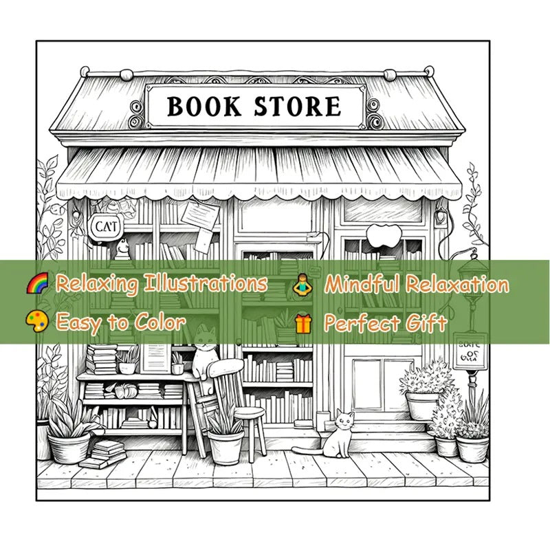 Charming Bookstore Coloring Book.