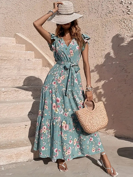 Maxi Floral Print V-Neck Dress,