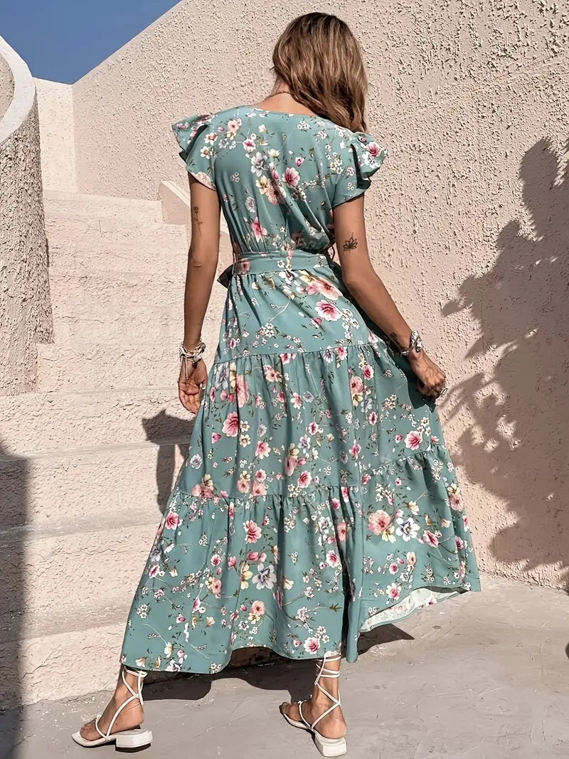 Maxi Floral Print V-Neck Dress,