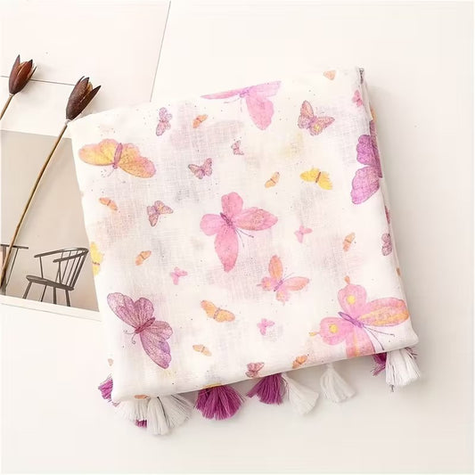 Bohemian Pink Gradient Butterfly Tassel Scarf