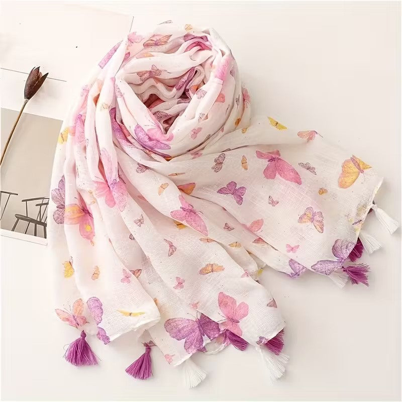 Bohemian Pink Gradient Butterfly Tassel Scarf