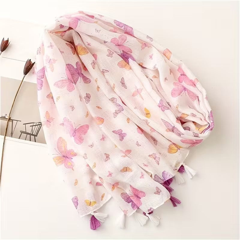 Bohemian Pink Gradient Butterfly Tassel Scarf