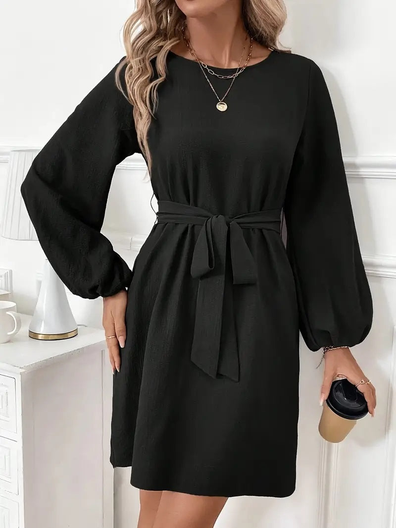Black Long Sleeve Belted Dress